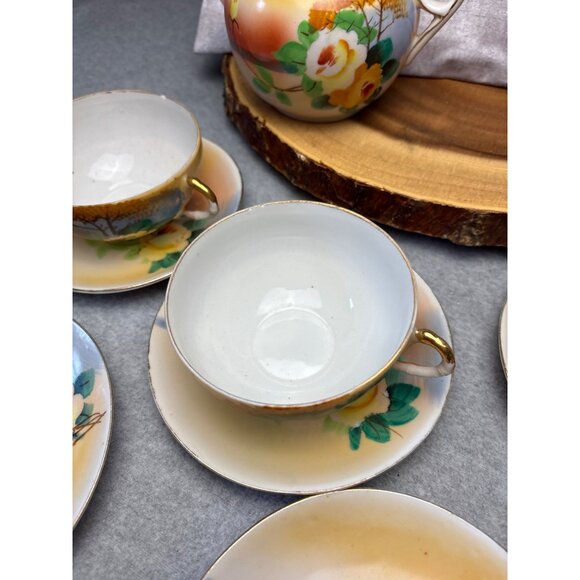 Japanese Hand-Painted Tea Set Floral Pattern - Teapot Creamer Sugar Bowl Cups & - Picture 6 of 16